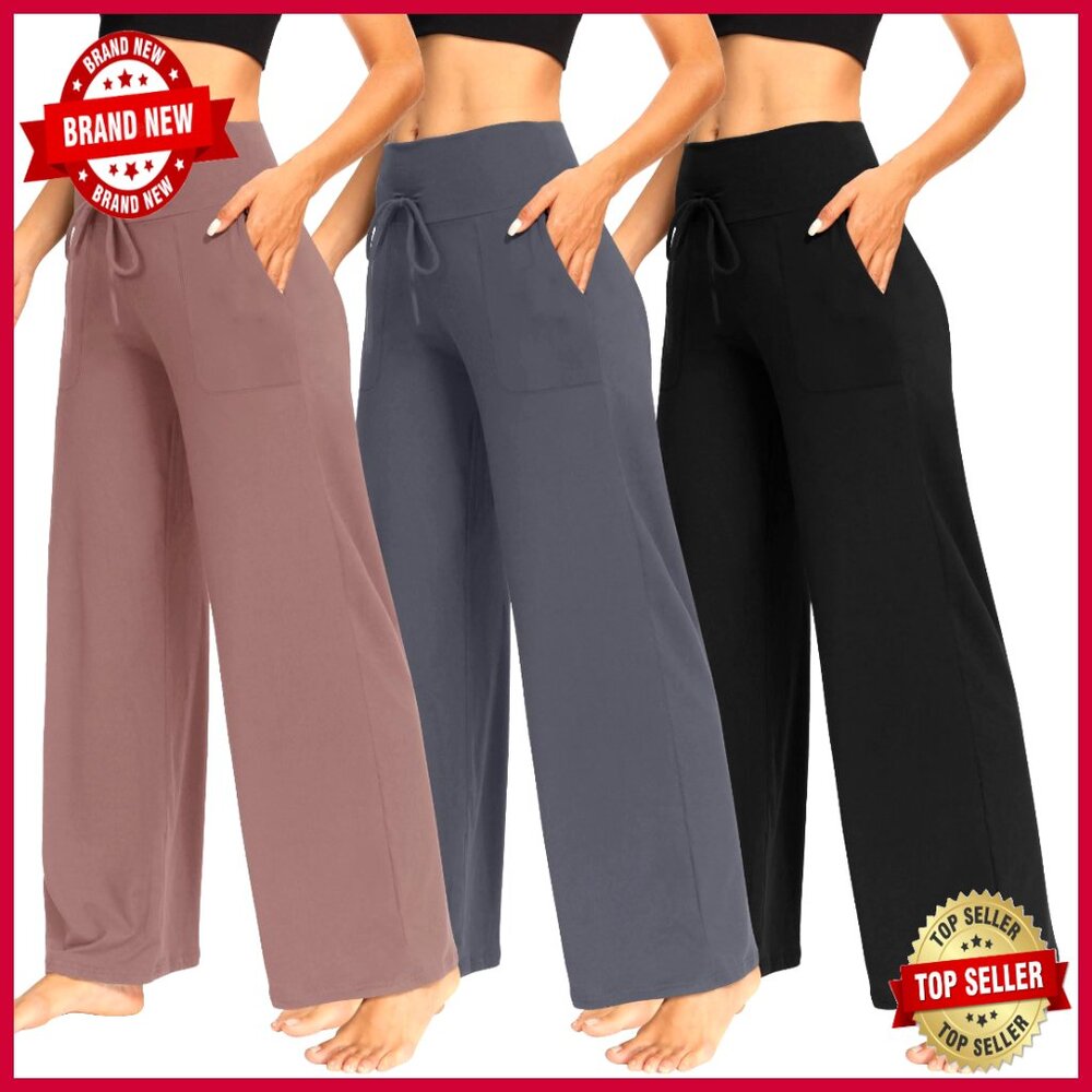 3 Pack Wide Leg Yoga Pants With Pockets, High Waist, Loose Fit